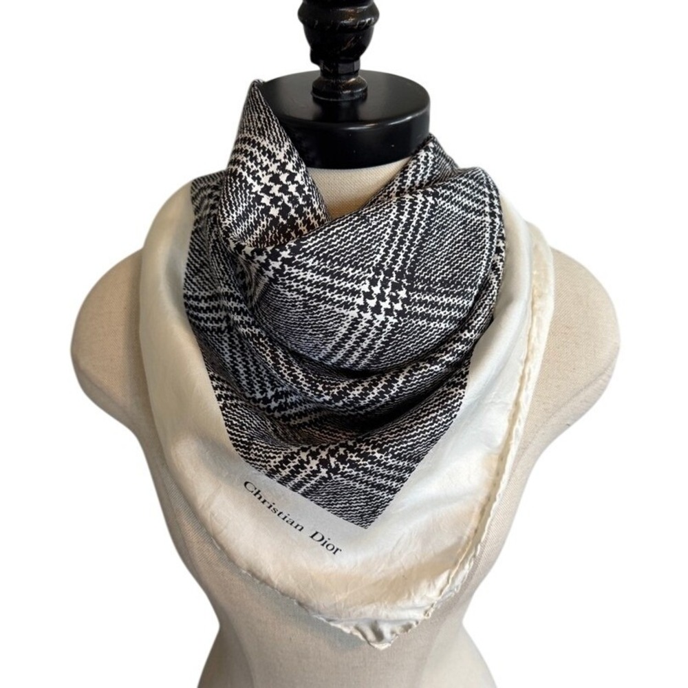 Christian Dior Silk Scarf Black White Glen Plaid Check Square Made in Italy 26in